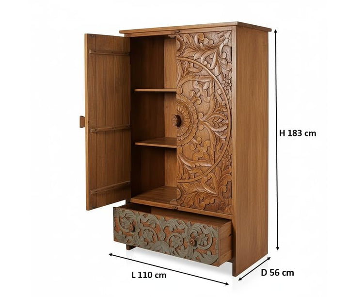 Translation missing: en.Mango Wood Wardrobe for Bedroom 2-Door Antique Wooden Almirah for Storage with 1-Drawer Storage Organizer Rack Clothes Cupboard for Bedroom 