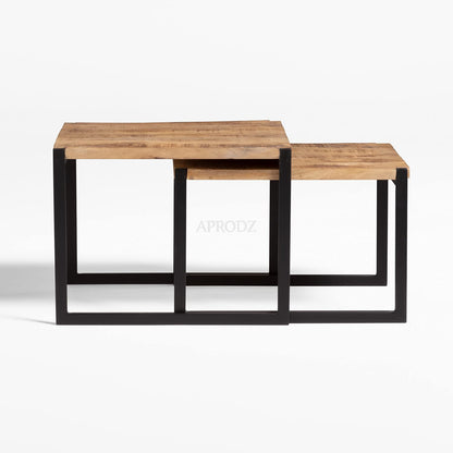 APRODZ Solid Wood and Metal Coffee Table (Mango Wood - Natural + Black Powder Coated Set of 2)