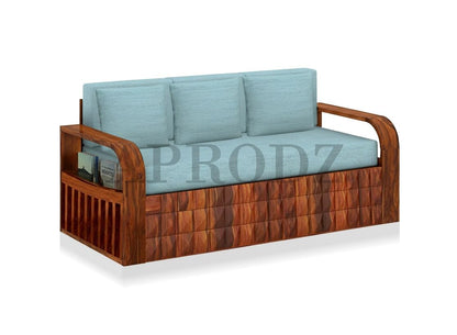 Sheesham Wood Sofa Cum Bed, 3 Seater with Blue Upholstery (75 x69 x30 Inch)