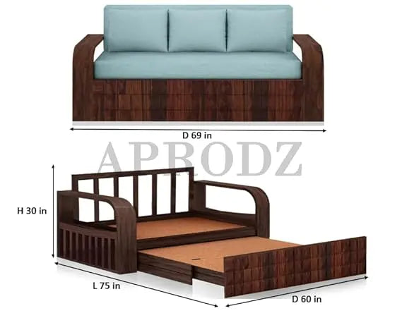 Sheesham Wood Sofa Cum Bed, 3 Seater with Blue Upholstery (75 x69 x30 Inch)  Sheesham Wood Sofa Cum Bed (3 Seater)