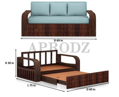 Sheesham Wood Sofa Cum Bed, 3 Seater with Blue Upholstery (75 x69 x30 Inch)