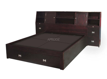 Solid Wood Storage Queen Size Trapez Bed and 2 Side Table for Bedroom Stylish | Mohogany Finish