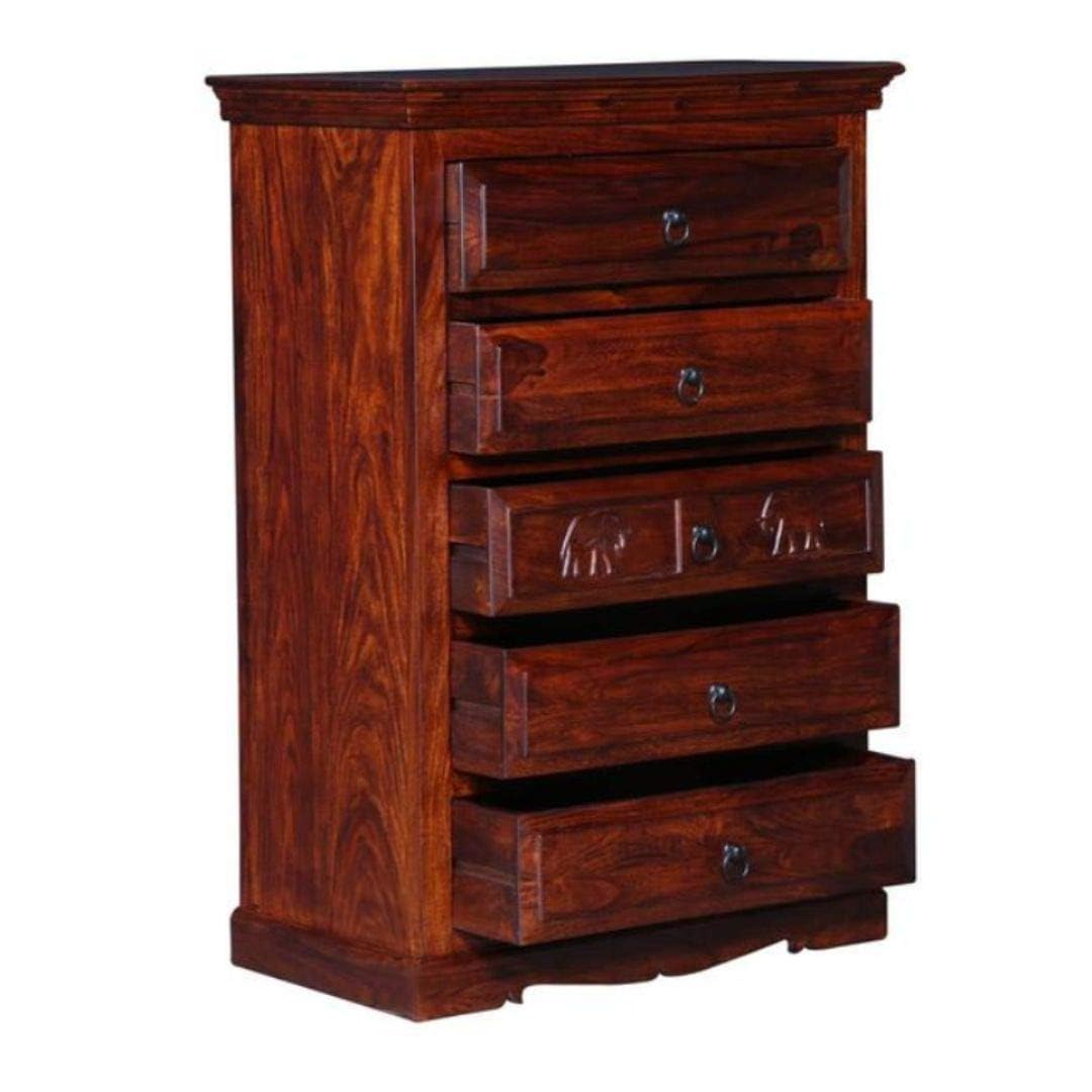 Wooden Storage Cabinet in Elephant Carved Design | Chest of 5 Drawers for Living Room | Sheesham Wood | Mahagony Finish