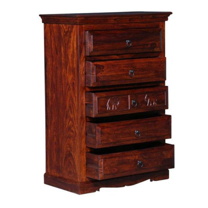 Wooden Storage Cabinet in Elephant Carved Design | Chest of 5 Drawers for Living Room | Sheesham Wood | Mahagony Finish