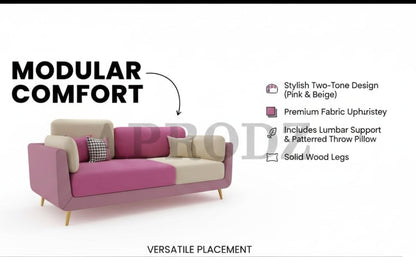APRODZ Modern Luxelle Dual-Tone 3-Seater Fabric Sofa – Pink & Cream, Stylish Wooden Legs, for Living Room 