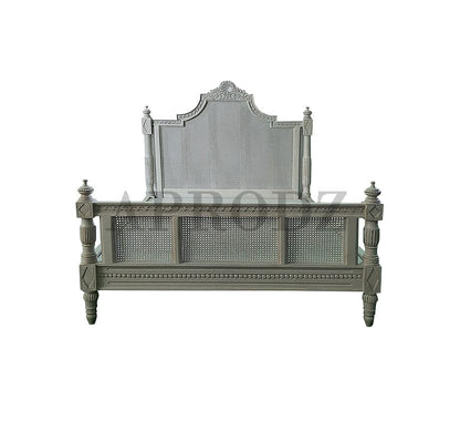 Hand-Carved French Cane Bed - Exquisite Artisan Design - Premium Mango Wood in Light Grey