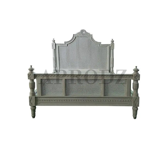 Translation missing: en.Hand-Carved French Cane Bed - Exquisite Artisan Design - Premium Queen Size Mango Wood in Light Grey 