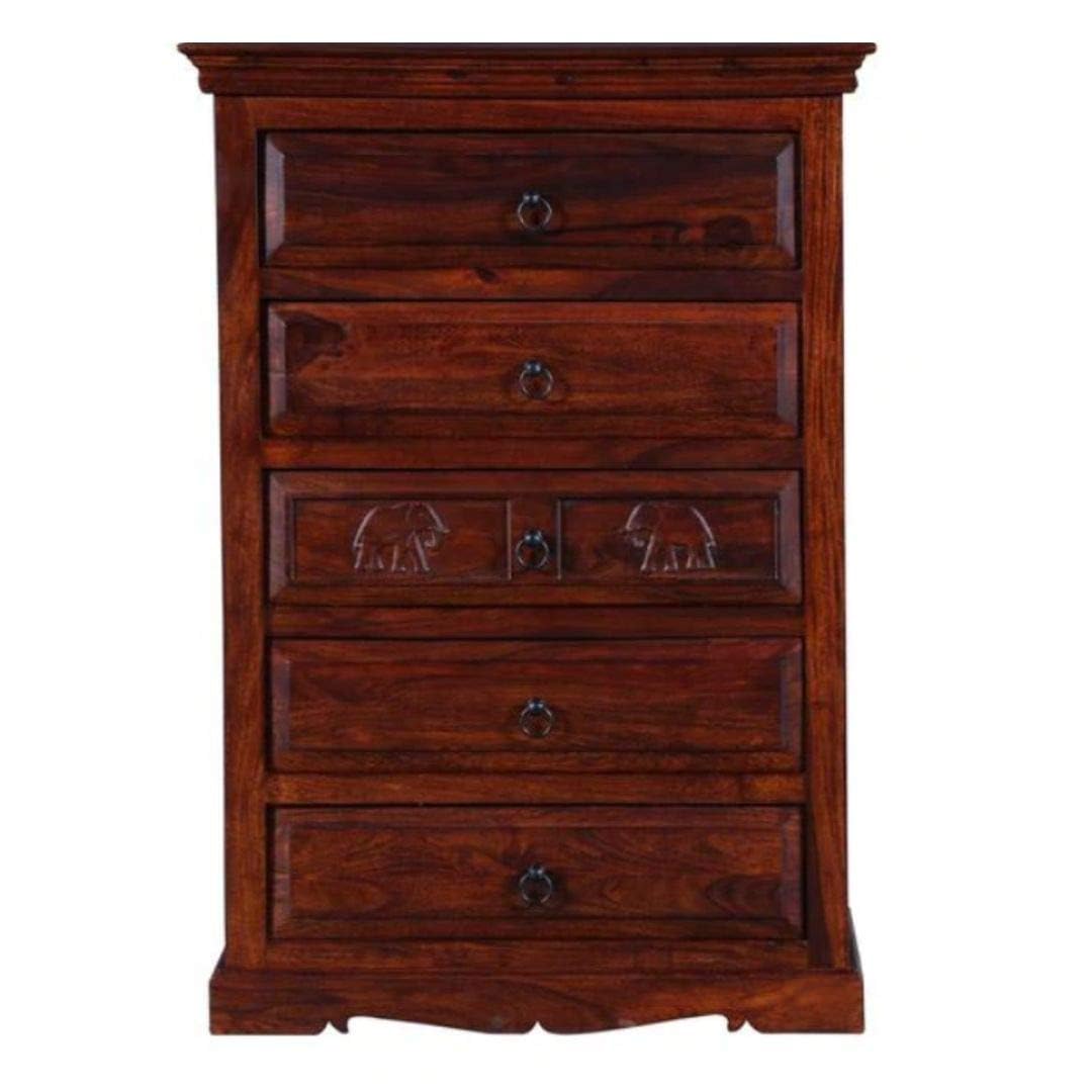 Wooden Storage Cabinet in Elephant Carved Design | Chest of 5 Drawers for Living Room | Sheesham Wood | Mahagony Finish