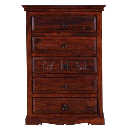 Wooden Storage Cabinet in Elephant Carved Design | Chest of 5 Drawers for Living Room | Sheesham Wood | Mahagony Finish