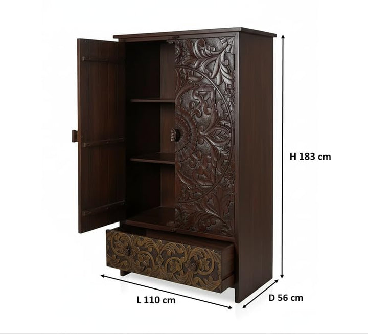 Translation missing: en.Mango Wood Wardrobe for Bedroom 2-Door Antique Wooden Almirah for Storage with 1-Drawer Storage Organizer Rack Clothes Cupboard for Bedroom 