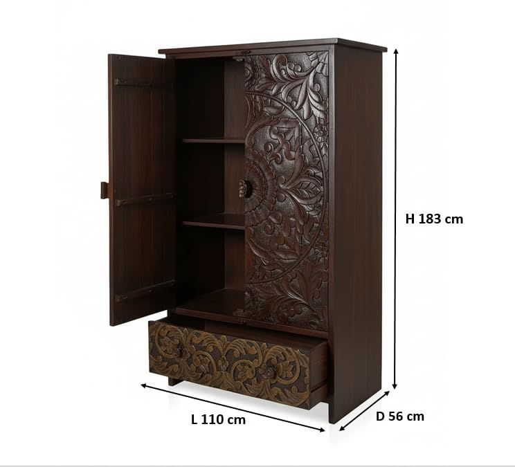 Mango Wood Wardrobe for Bedroom 2-Door Antique Wooden Almirah for Storage with 1-Drawer Storage Organizer Rack Clothes Cupboard for Bedroom 