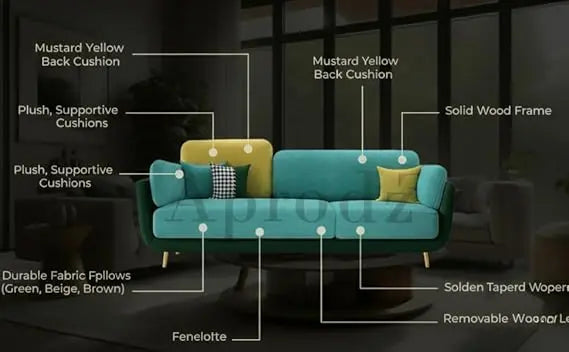 Luxelle Modern Sofa 3 Seater Velvet Upholstered Sofa Set with Tufted Backrest Cushioned Seating Tipped Gold Wooden Legs Couch for Living Room & Lounge (Aqua Blue) 