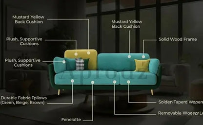 Luxelle Modern Sofa 3 Seater Velvet Upholstered Sofa Set with Tufted Backrest Cushioned Seating Tipped Gold Wooden Legs Couch for Living Room & Lounge (Aqua Blue) 