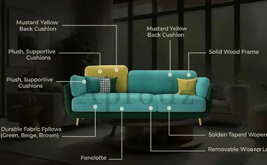 Translation missing: en.Luxelle Modern Sofa 3 Seater Velvet Upholstered Sofa Set with Tufted Backrest Cushioned Seating Tipped Gold Wooden Legs Couch for Living Room &amp; Lounge (Aqua Blue) 