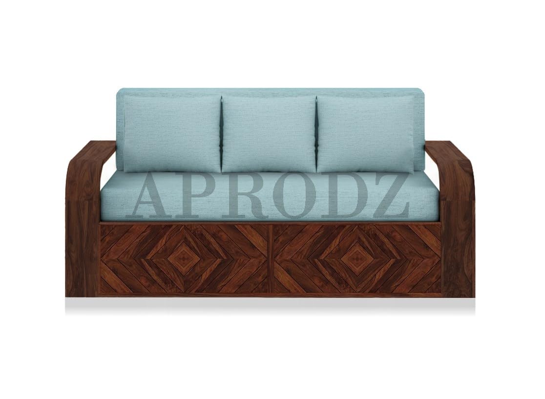 Sheesham Wood Sofa Cum Bed, 3 Seater, with Blue Upholstery, Diamond Pattern Design (75 x69 x30 Inch)
