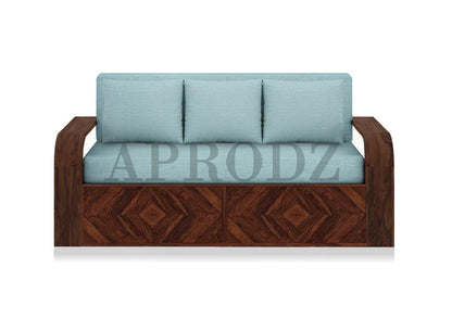 Sheesham Wood Sofa Cum Bed, 3 Seater, with Blue Upholstery, Diamond Pattern Design (75 x69 x30 Inch)