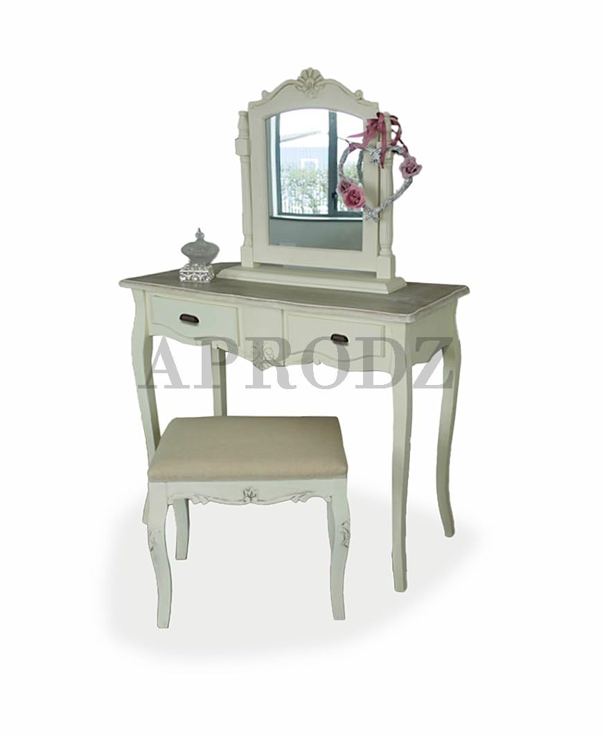 APRODZ Wooden Antique Dressing Table with Stool for Living Room (White Finish)