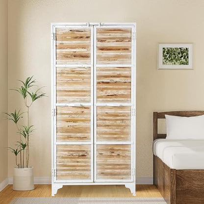 APRODZ Bianco Carved Mango Wood 2-Door Wardrobe Storage Almirah Cupboard for Cloths (Aged White)