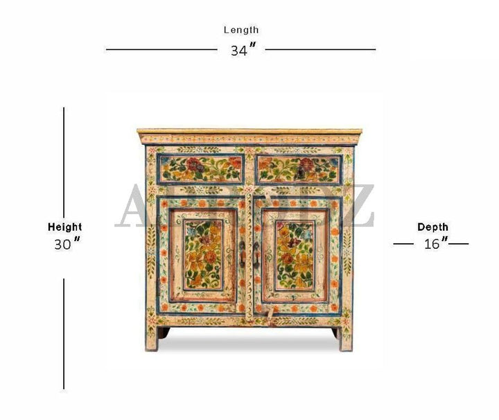 Translation missing: en.Wooden Handpainted Antique Cabinet with Door &amp; Drawer Storage for Living Room (Multicolor) 