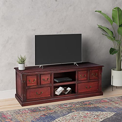 APRODZ Flower Inspired TV Unit with Drawers & Shelf Storage Entertainment Unit Center Console TV Table for Living Room Furniture (Natural Teak Finish)