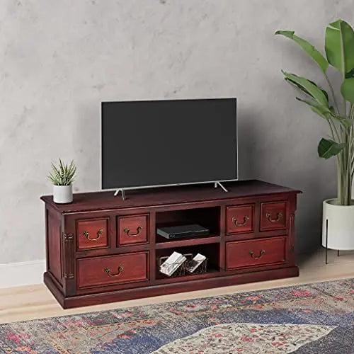 APRODZ Mango Wood Belgrade TV Stand Cabinet for Home | TV Unit for Living Room | Brown Finish