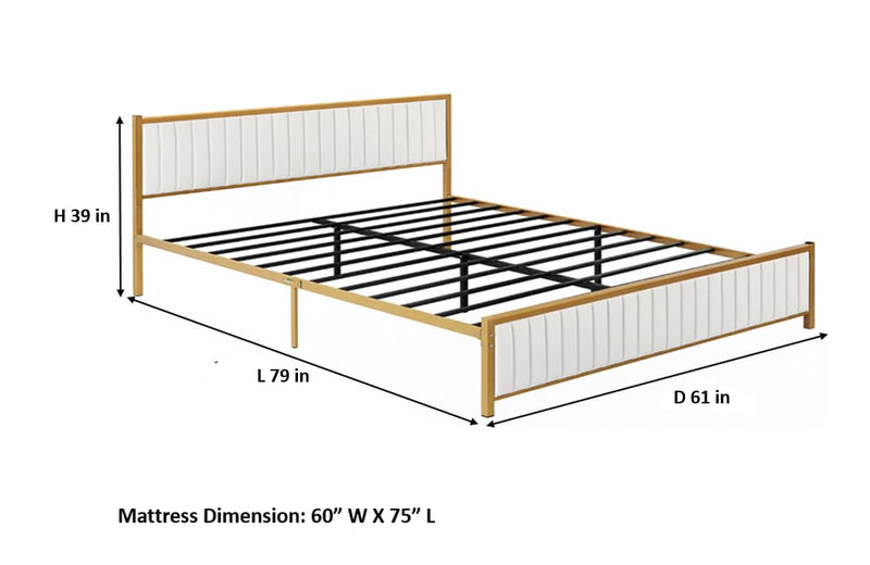 Upholstered Bed Modern Strip Headboard Footboard Platform Bed Frame with Heavy-Duty Metal Slats, No Box Spring Needed, Beige Fabric + Gold Powdercoated 