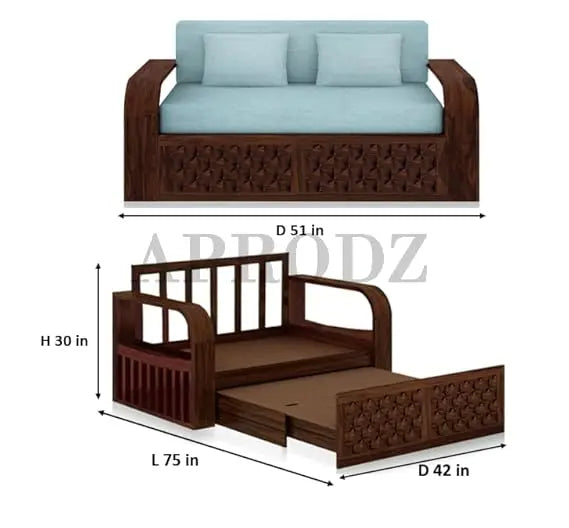 Translation missing: en.Sheesham Wood Sofa Cum Bed, 2 Seater with Storage, Geometric Design (75 x 51 x 30 Inch)  Sheesham Wood Sofa Cum Bed (2 Seater)
