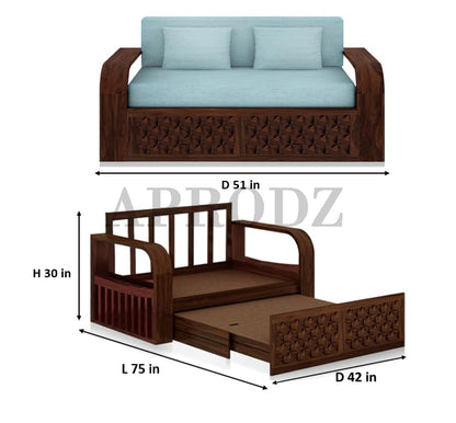 Sheesham Wood Sofa Cum Bed, 2 Seater with Storage, Geometric Design (75 x 51 x 30 Inch)