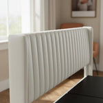 Upholstered Bed Frame with Channel Tufted Headboard, Beige + Leg Wood Black 