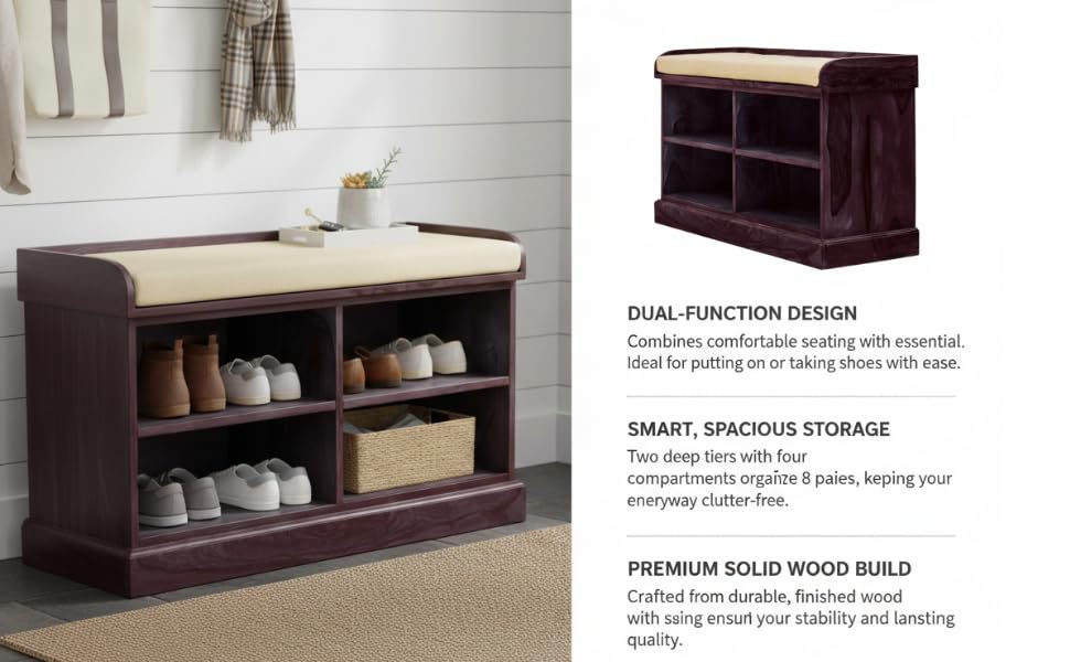 Wooden Multipurpose Cupboard & Shoe Rack – Spacious Storage Cabinet with Seating for Home, Entryway & Living Room (Large, Teak Finish) 