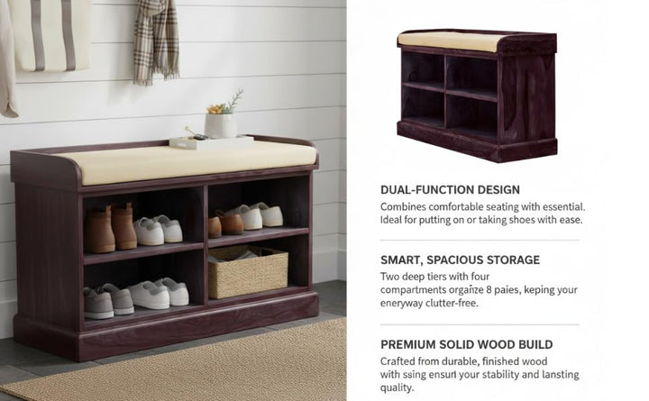 Translation missing: en.Wooden Multipurpose Cupboard &amp; Shoe Rack – Spacious Storage Cabinet with Seating for Home, Entryway &amp; Living Room (Large, Teak Finish) 