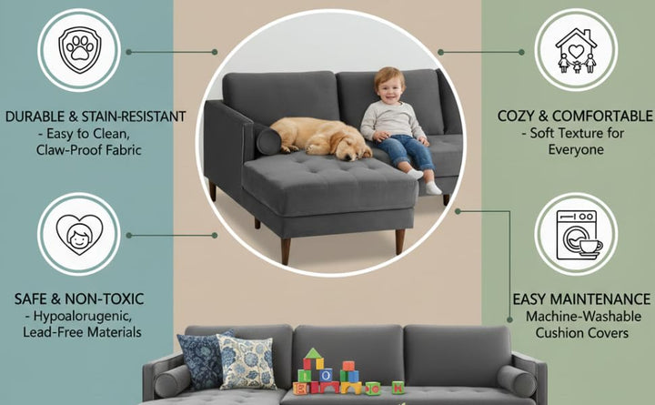 Translation missing: en.MidCen Wooden 3 Seater Sofa Set with High-Density Comfortable Foam for Home &amp; Living Room (Upholstered- Dark Green Velvet Fabric) 