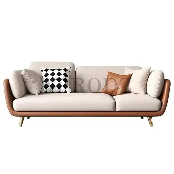 Luxelle Modern Sofa 3 Seater Removable Cover Velvet Upholstered Sofa Set with Couch with Soft Cushions & Wooden Leg Mid-Century Couch for Living Room & Lounge (Beige & Brown) 