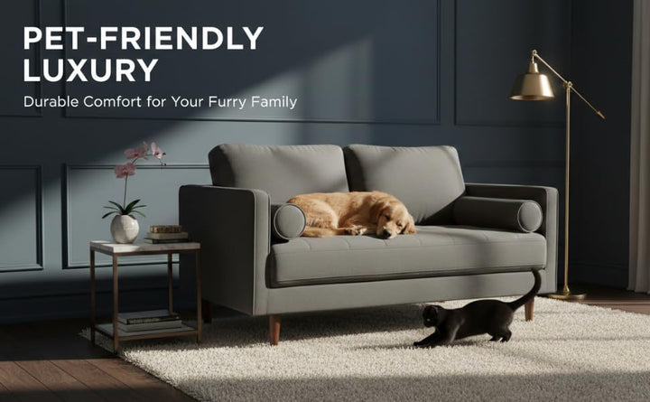 Translation missing: en.MidCen Wooden 2 Seater Sofa with High-Density Comfortable Foam for Home &amp; Living Room (Upholstered- Dark Blue Velvet Fabric) 