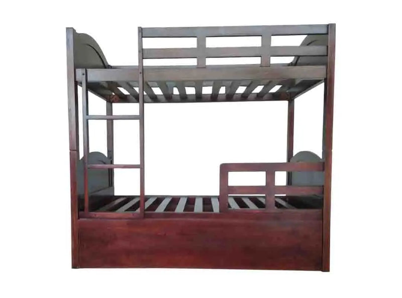 Mango Wood Mingitc Kids Bunk Beds with Trundle for Bedroom | Brown Finish 