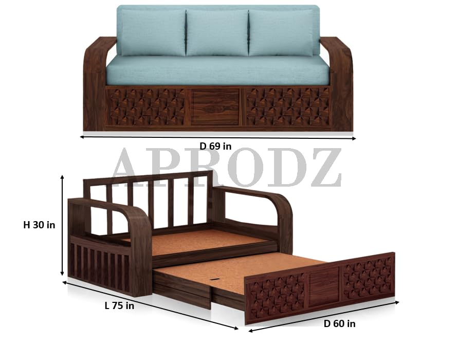 Sheesham Wood Sofa Cum Bed, 3 Seater with Blue Upholstery, Carved Panel Design (75 x69 x30 Inch)