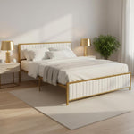 Upholstered Bed Modern Strip Headboard Footboard Platform Bed Frame with Heavy-Duty Metal Slats, No Box Spring Needed, Beige Fabric + Gold Powdercoated 