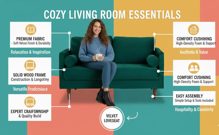 Translation missing: en.MidCen Wooden 2 Seater Sofa with High-Density Comfortable Foam for Home &amp; Living Room (Upholstered- Dark Blue Velvet Fabric) 