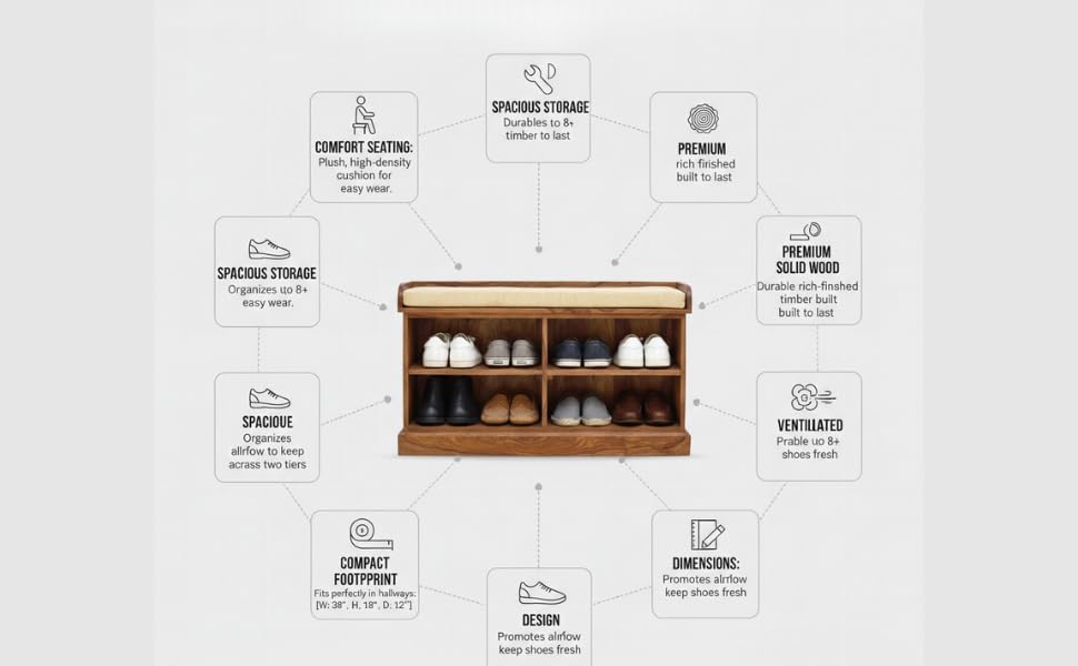 Wooden Multipurpose Cupboard & Shoe Rack – Spacious Storage Cabinet with Seating for Home, Entryway & Living Room (Large, Teak Finish) 