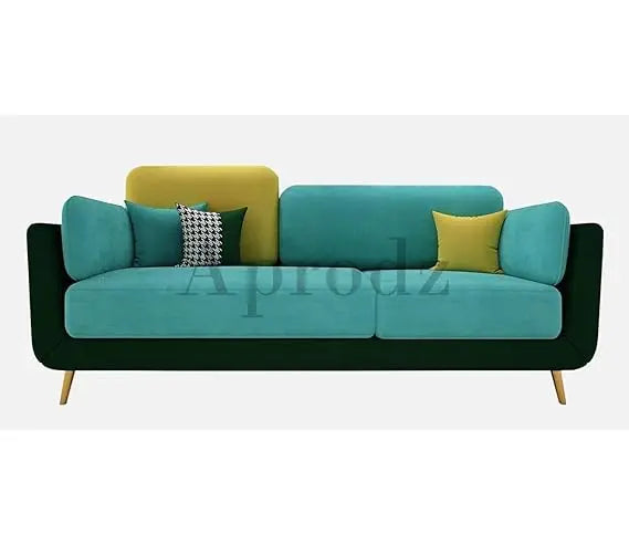 Luxelle Modern Sofa 3 Seater Velvet Upholstered Sofa Set with Tufted Backrest Cushioned Seating Tipped Wooden Legs Couch for Living Room & Lounge (Teal/Yellow) 