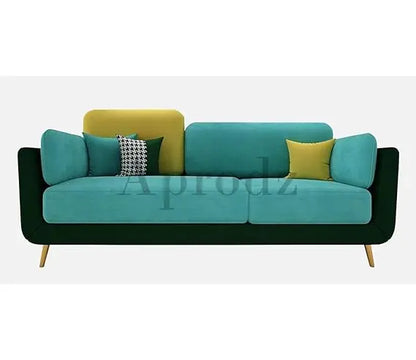 Luxelle Modern Sofa 3 Seater Velvet Upholstered Sofa Set with Tufted Backrest Cushioned Seating Tipped Wooden Legs Couch for Living Room & Lounge (Teal/Yellow) 