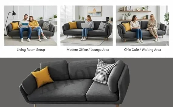 Luxelle Modern Sofa 3 Seater Velvet Upholstered Sofa Set with Tufted Backrest Cushioned Seating Tipped Gold Wooden Legs Couch for Living Room & Lounge (Charcoal Grey) 