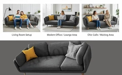 Luxelle Modern Sofa 3 Seater Velvet Upholstered Sofa Set with Tufted Backrest Cushioned Seating Tipped Gold Wooden Legs Couch for Living Room & Lounge (Charcoal Grey) 