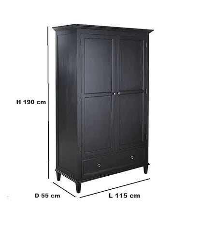 Mango Wood 2‑Door Wardrobe with Drawer – Bedroom Almirah Storage | Black 