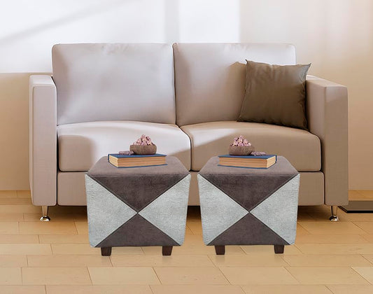 Printed Ottoman Stool Upholstered Foam Cushioned Pouffes for Living Room | Puffy Muddha Stool for Footrest & Sitting, Velvet Pouf Stool, Furniture for Home Decor, Office Set of 2 (Beige/Brown) 