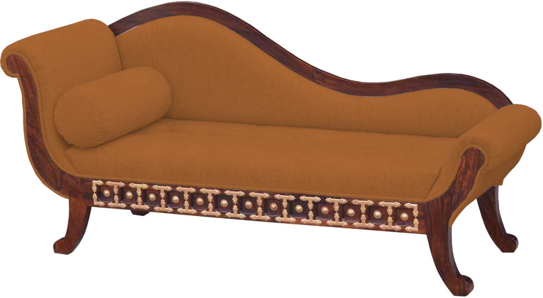 Couch Three Seater Upholstery and Mango Wood Sofa (Fabric + Sweet Orange Fabric + Walnut)