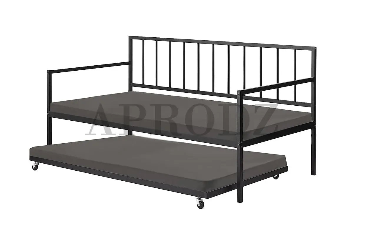 Suniz Twin Size Metal Daybed with Trundle Bed, (Foam Mattress -Metal - Black Powdercoated) 