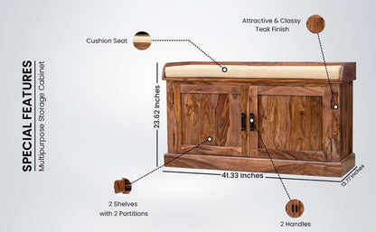 Wooden Multipurpose Cupboard & Shoe Rack – Spacious Storage Cabinet with Seating for Home, Entryway & Living Room (Large, Teak Finish) 