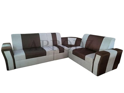 L-Shaped Sectional 7-Seater Sofa with Coffee Table Padded Armrest Perfect Fabric Corner Sofa for Guests Living Room, Drawing Room, Office & Lounge (Brown/Grey) 