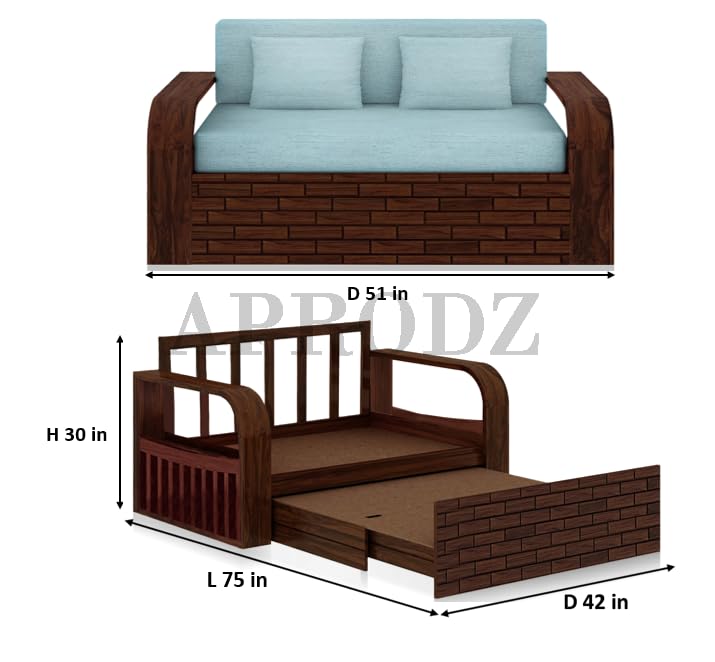 Sheesham Wood Sofa Cum Bed, 2 Seater with Turquoise Upholstery (75 x 51 x 30 Inch)